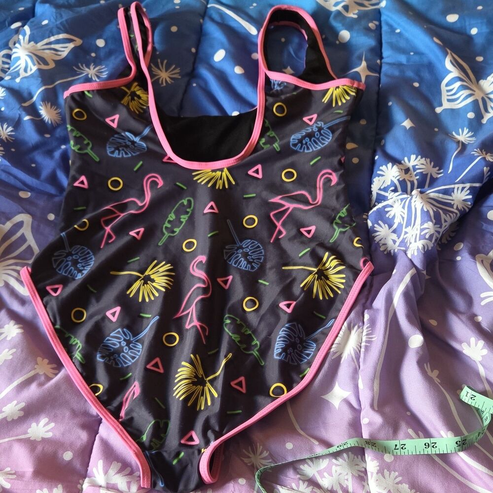Undercurrent Tropical Multicolor One Piece Swimsuit Wide Straps Lined M Flamingo - Picture 4 of 4